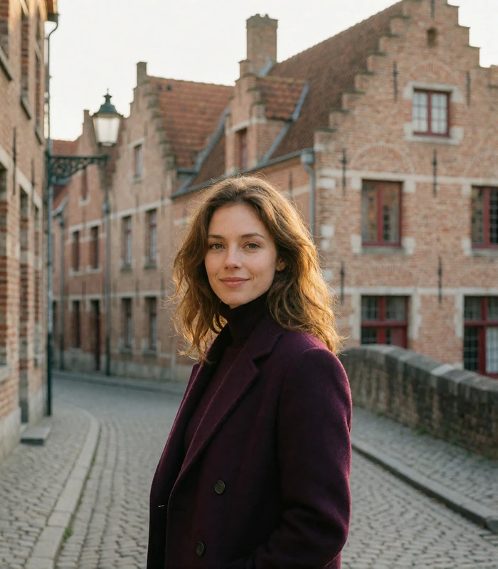 Belgian woman in a plum coat standing on a cobbled Bruges lane with stepped-gable façades blurred behind her