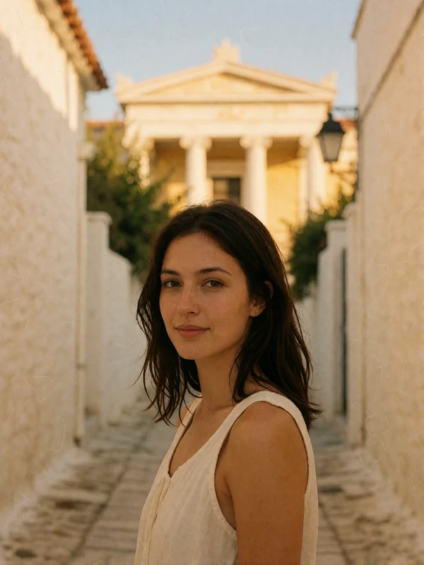 Woman with dark hair smiling in an Athens street scene with whitewashed walls softly blurred behind her
