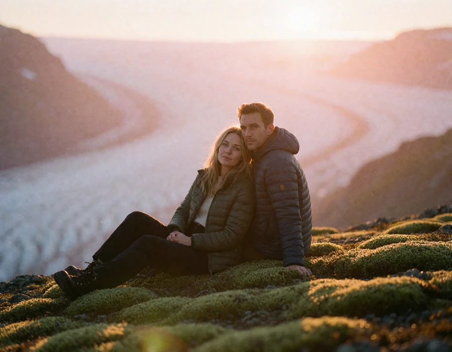 Couple sitting together on a mossy ridge under a low midnight sun with a glacial valley behind them