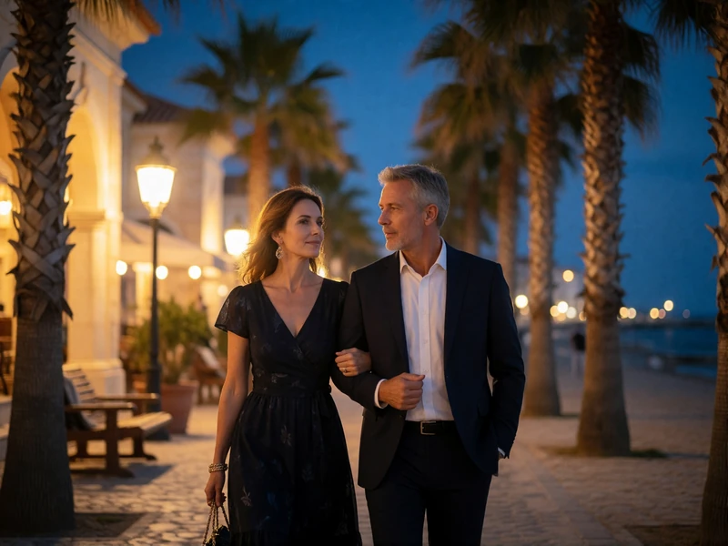 Couple in their forties walking arm in arm along a palm-lined seaside promenade at blue hour, illuminated facades glowing softly behind them