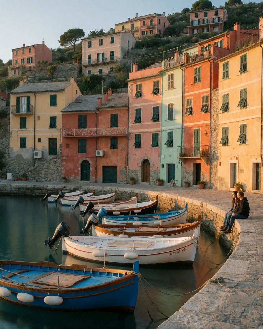 Couple sitting on a stone quay beside painted boats in a small Italian fishing harbor