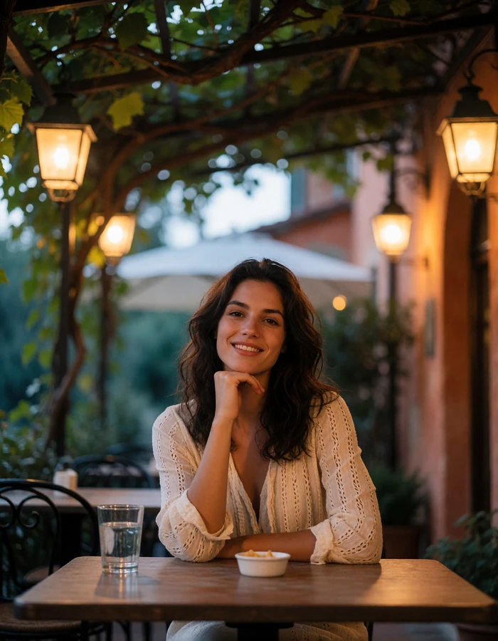 Woman smiling at an outdoor trattoria table under a vine-covered pergola on the Amalfi Coast