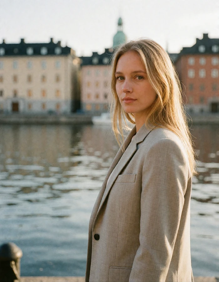 Swedish woman with straight light-blonde hair and a grey blazer standing on a Stockholm quay