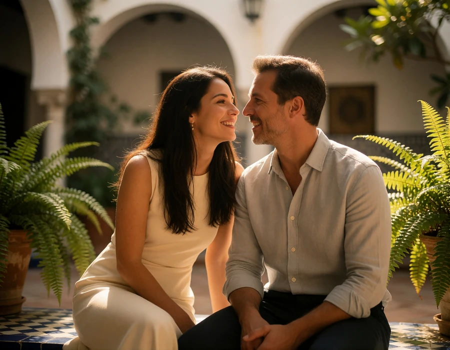 Smiling couple in their late thirties sitting close on a tiled bench in a Sevillian courtyard with arched whitewashed walls behind them