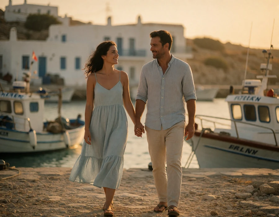 Smiling couple in their late thirties walking hand in hand along a small Greek island harbour lined with fishing boats