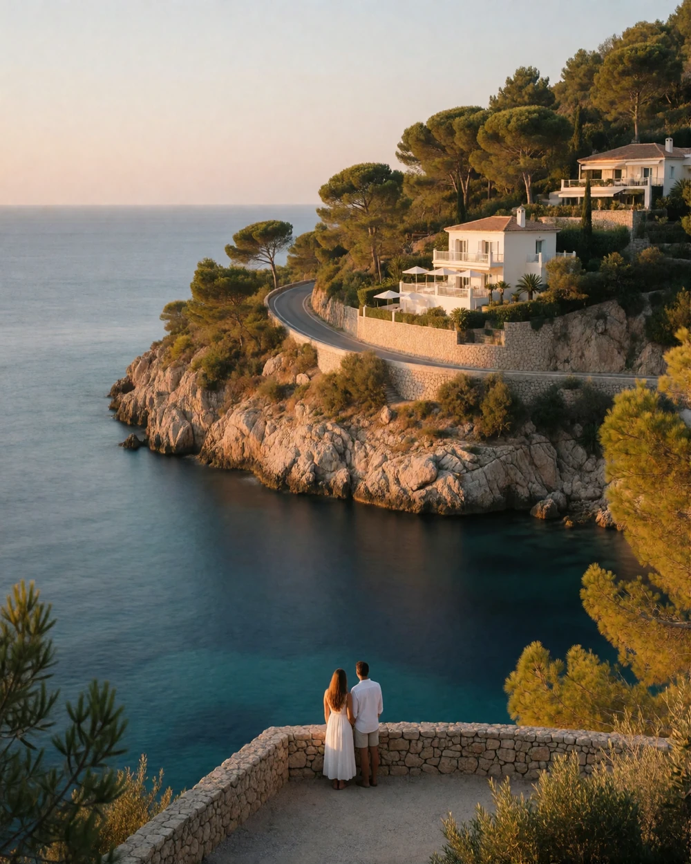 Winding corniche road above the deep blue Mediterranean bay on the French Riviera with a couple at a stone lookout