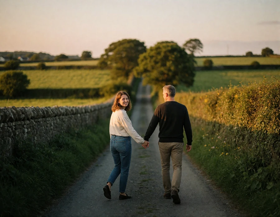 Couple in their forties walking hand in hand along a narrow country lane bordered by stone walls in rural Ireland