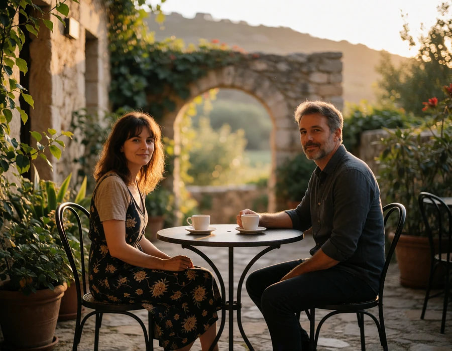 Couple in their forties sitting at a small round table in a quiet stone courtyard with espresso cups between them