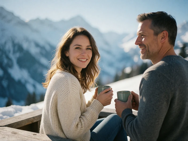 Smiling couple in their forties sitting on a wooden alpine terrace with mugs in hand and snowy Swiss peaks behind them