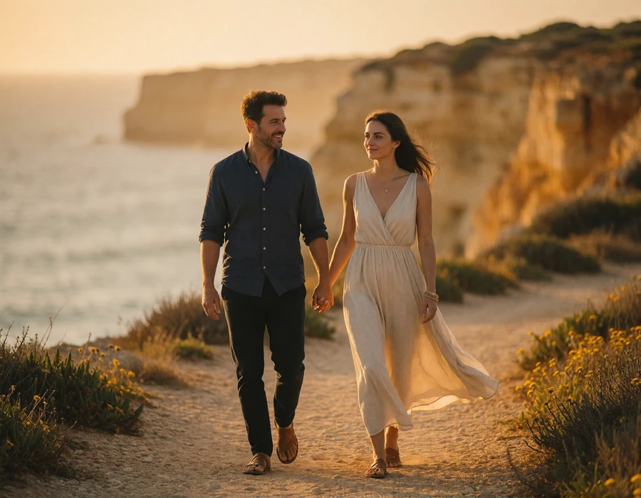 Couple in their late thirties walking hand in hand along a golden Algarve cliff path at sunset
