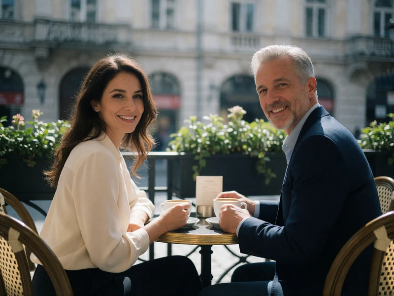 Smiling couple in their forties sitting close together at a café terrace table with coffee cups between them