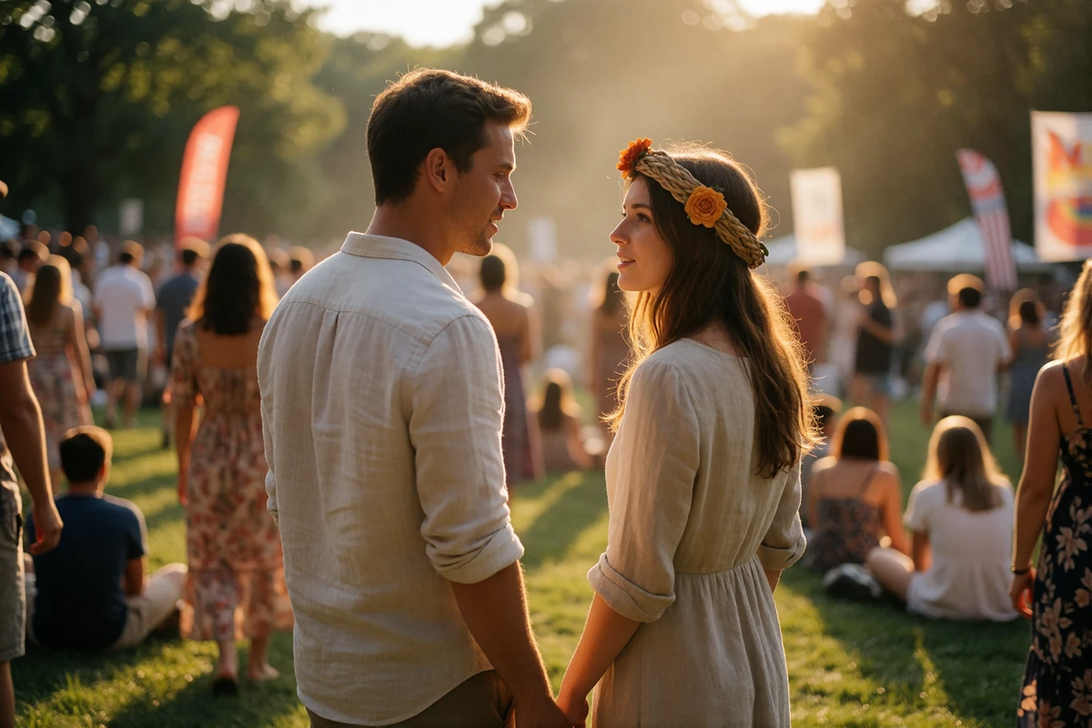 Couple in their thirties at an open-air summer song festival in Lithuania, the woman in a linen dress with a woven flower crown speaking with her partner