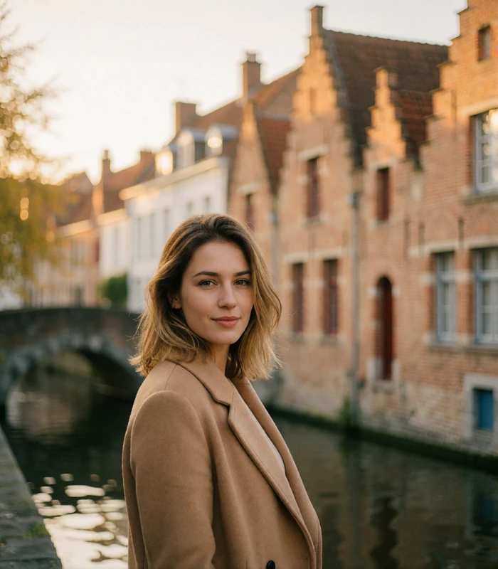 Belgian woman in a camel coat smiling before a defocused Bruges canal lined with brick houses