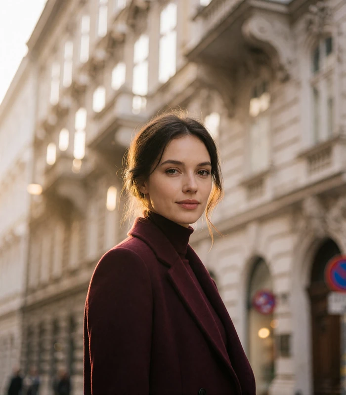 Austrian woman in a burgundy wool coat on a defocused Vienna street of baroque façades