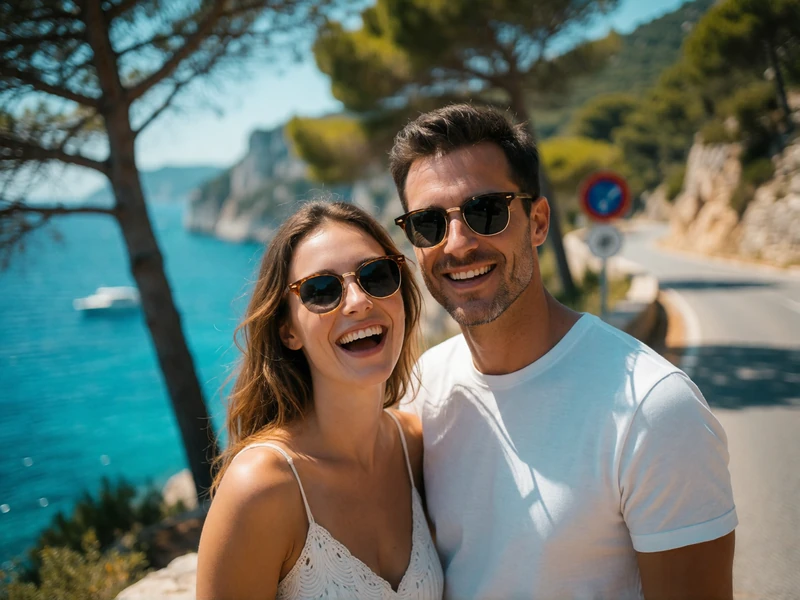 Smiling couple in their thirties at a coastal viewpoint above turquoise water on the Riviera, pine trees and a cliff road blurred behind them