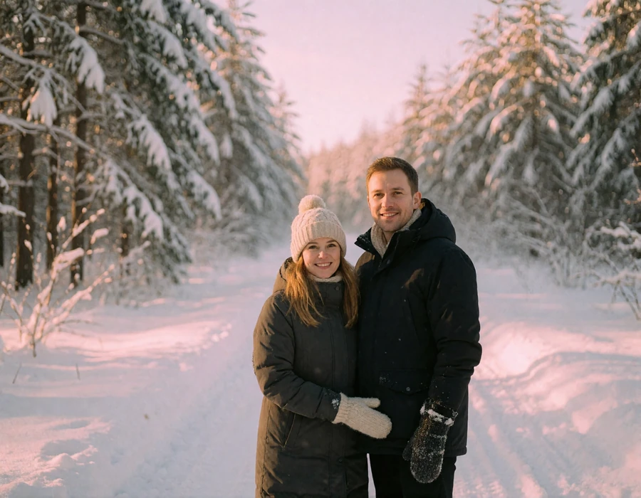 Couple in their late thirties standing close together on a snow-covered forest path in Finland