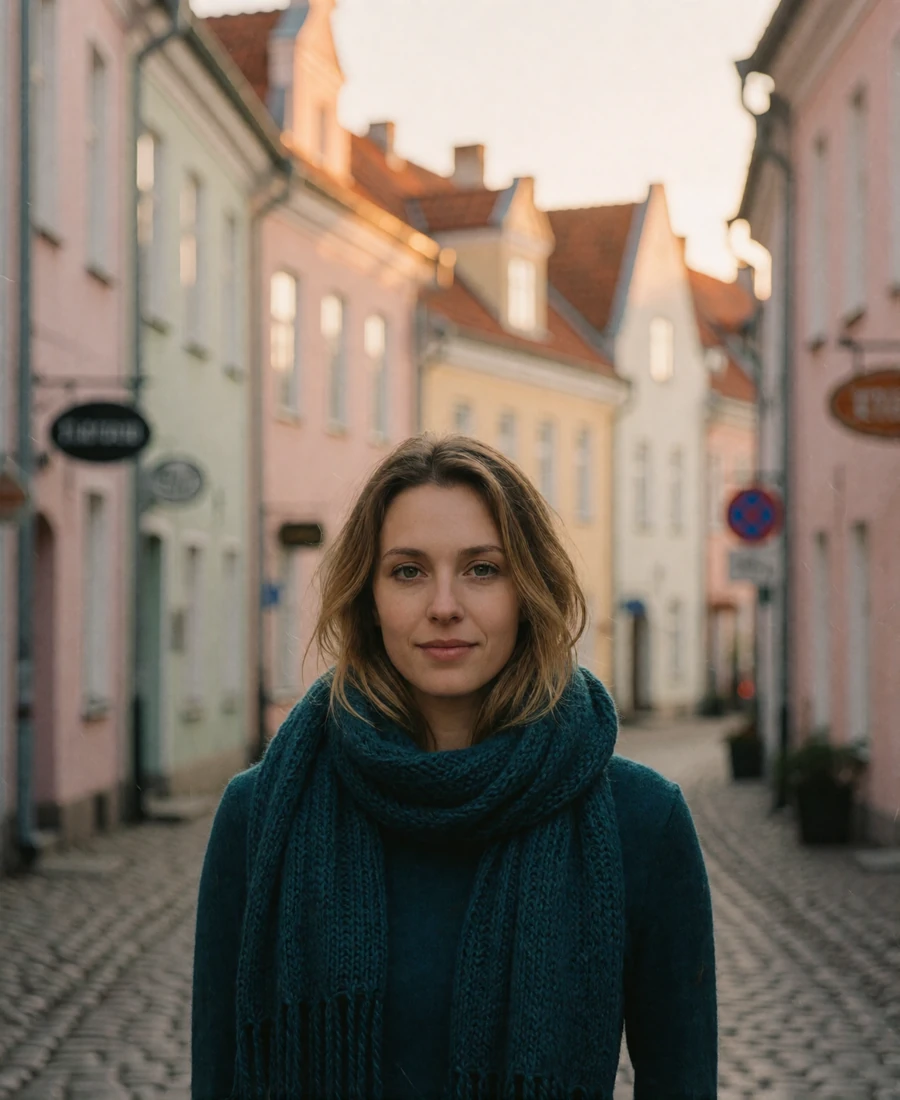 Verified Estonian member in a deep teal scarf in a Baltic old-town lane with pastel medieval facades behind her
