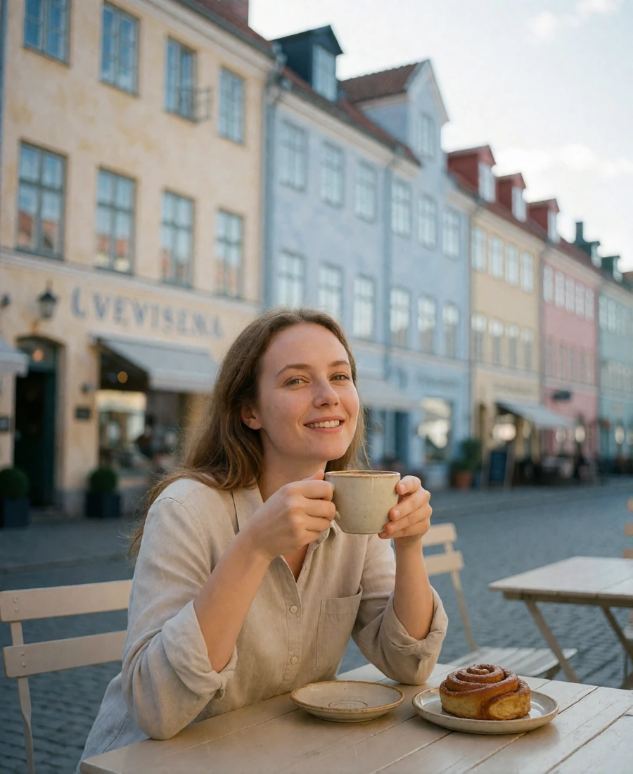 Woman holding a coffee cup at an outdoor cafe table during a Scandinavian summer fika date