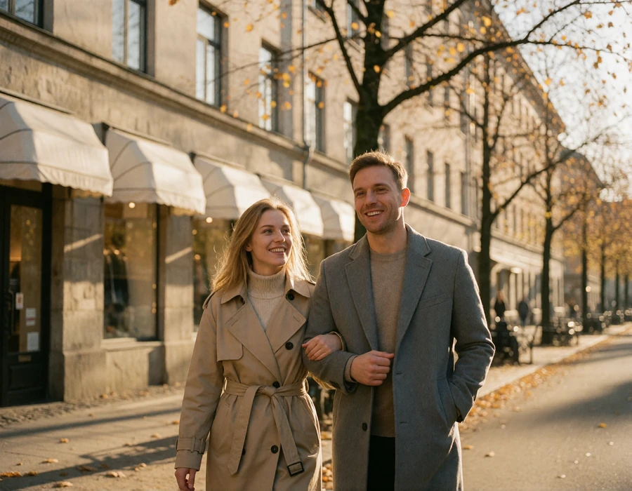 Smiling couple walking arm in arm along a quiet Oslo street of pale stone façades with bare autumn trees behind them