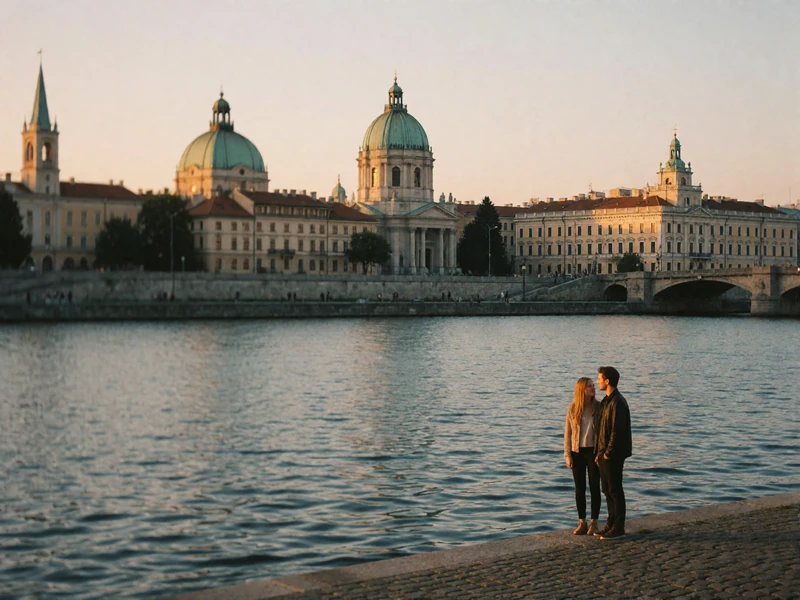 European capital skyline glowing at dusk over a wide river with a couple on the quay