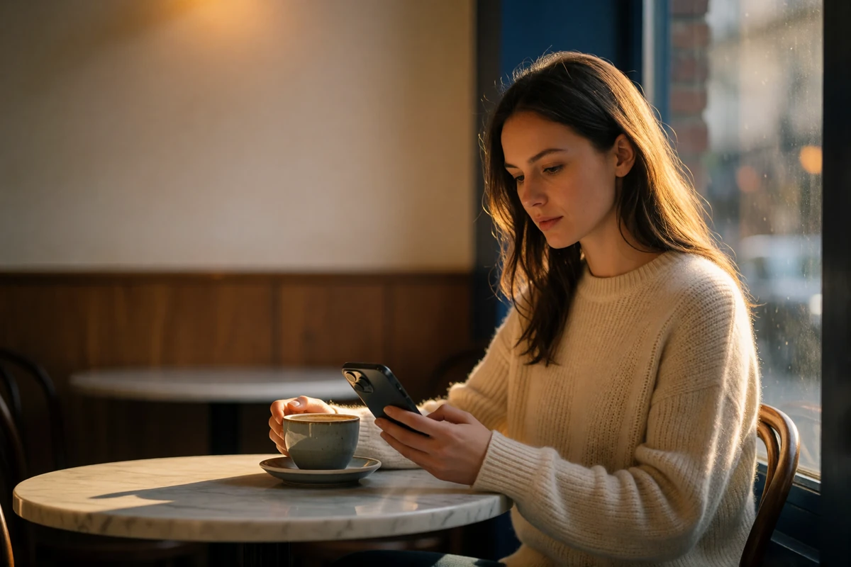 European woman in a cream sweater sitting at a café table, looking thoughtfully at her phone