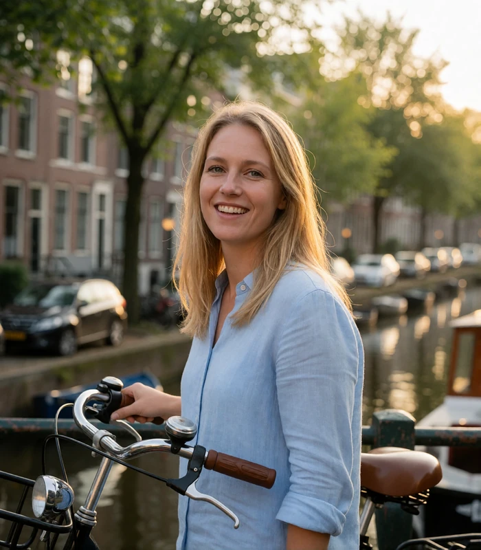 Dutch woman with a bicycle beside a softly blurred Amsterdam canal