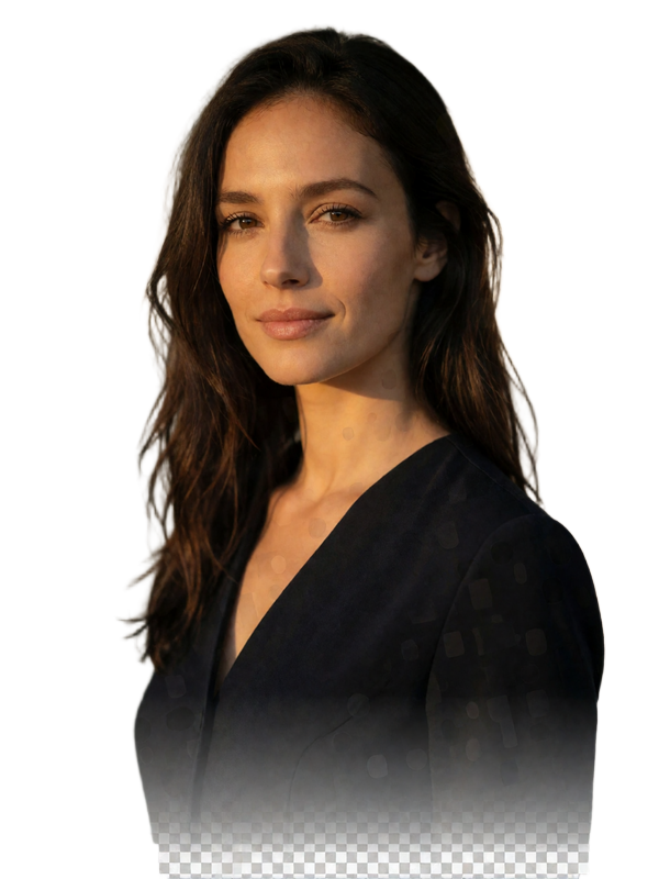 Italian woman with long dark hair smiling three-quarter turned toward the camera