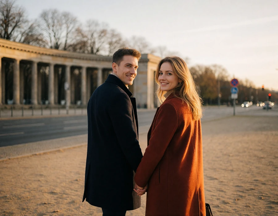 Couple in their late thirties walking hand in hand along a wide Berlin boulevard near a neoclassical colonnade at golden hour