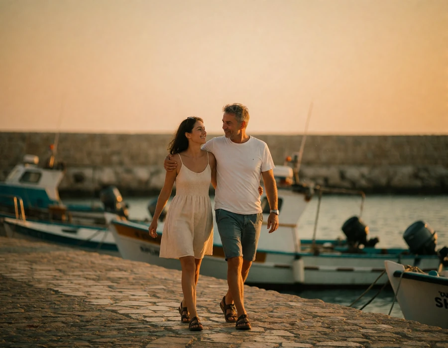 Couple in their forties walking arm in arm along a stone harbour promenade in Cyprus at early evening with fishing boats in the background