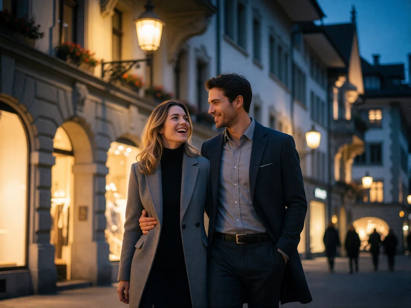 Couple in their thirties walking arm in arm along an elegant Zurich shopping street at blue hour with warm lamp light behind them
