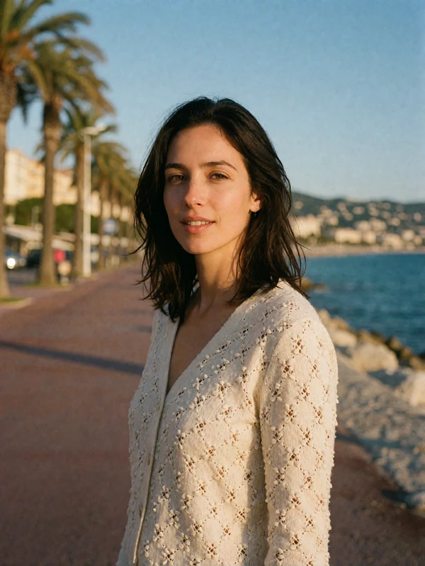 French woman with dark hair on a seafront promenade on the French Riviera with palm trees and blue sea softly blurred behind her