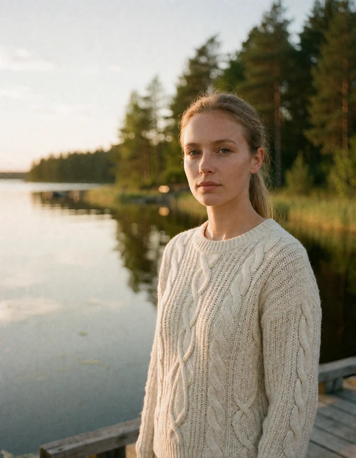 Finnish woman in a cream cable-knit sweater standing calmly on a wooden lakeside jetty