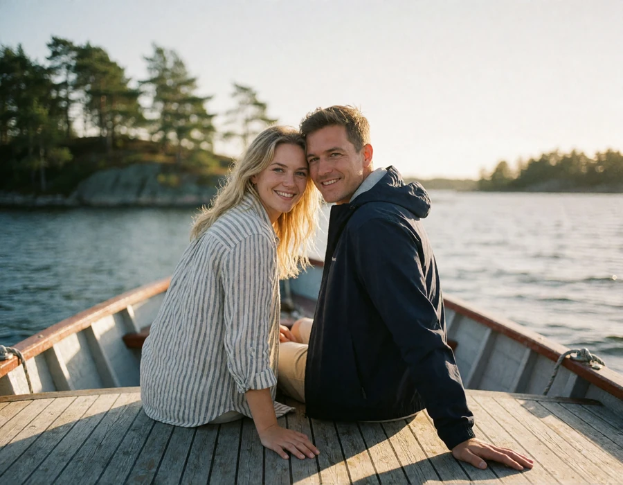 Smiling couple in their thirties sitting close together on the wooden deck of a small boat in the Stockholm archipelago