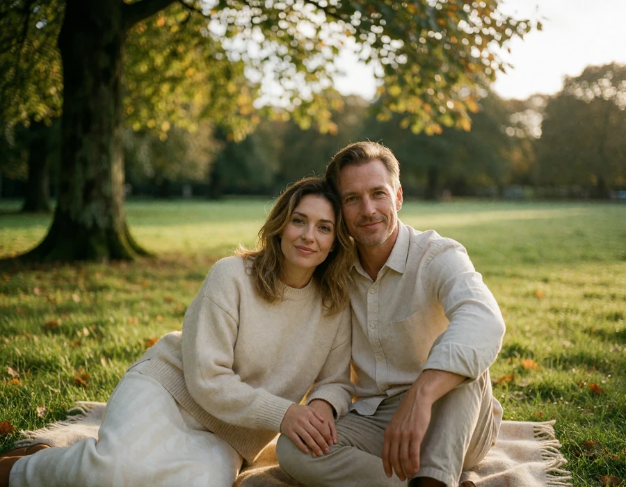 Couple in their forties resting on a wool blanket in a green Copenhagen park, smiling toward the camera