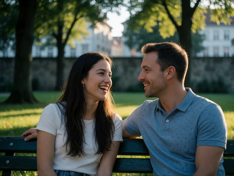 Couple in their thirties sitting on a park bench in a green city park, leaning toward each other in conversation