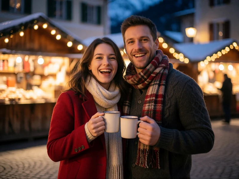 Couple in their thirties standing close together on a small Alpine town square in winter, holding warm mugs and laughing under string lights