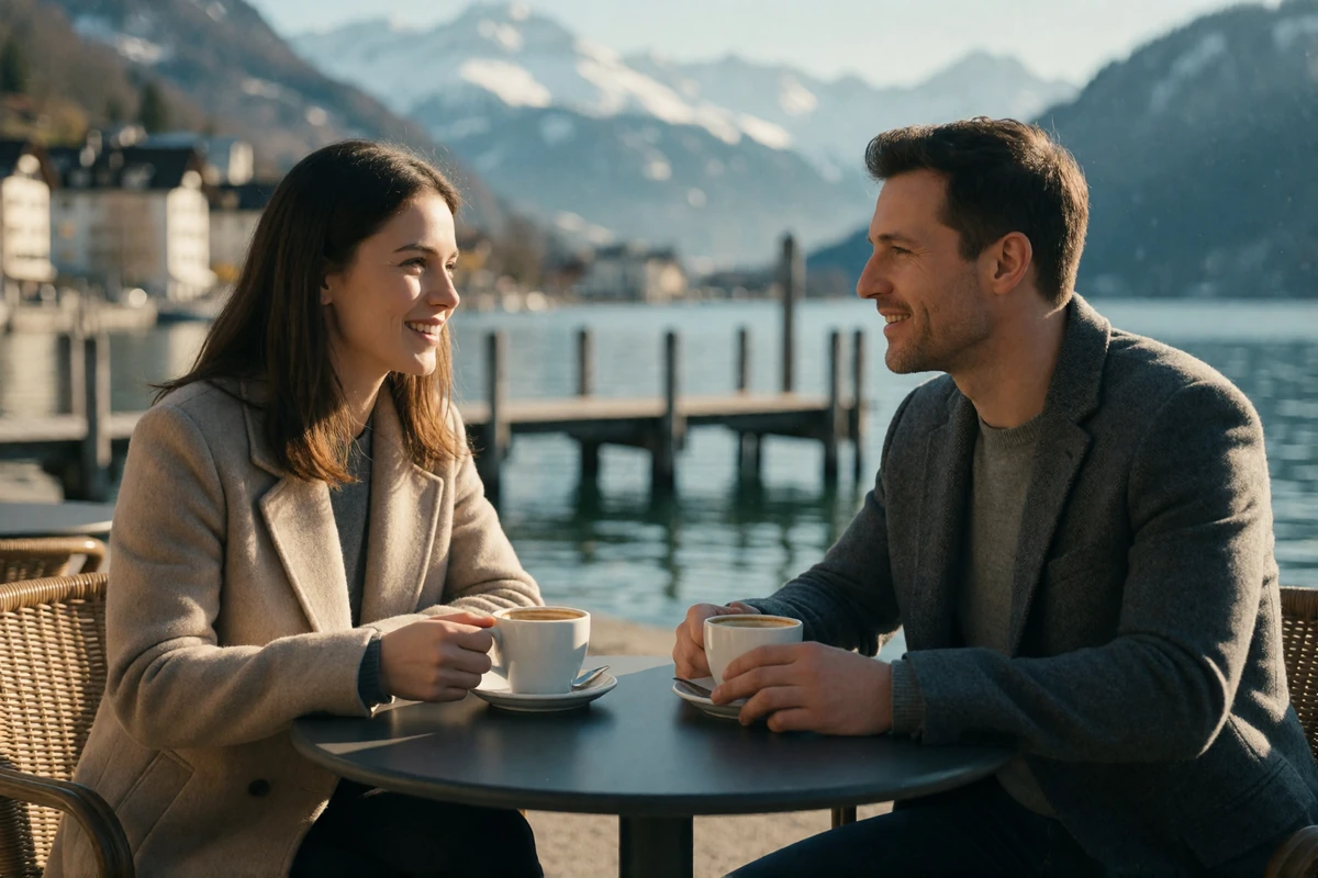 Couple in their thirties sharing coffee and conversation at a lakeside terrace table in a Swiss town with alpine peaks behind them
