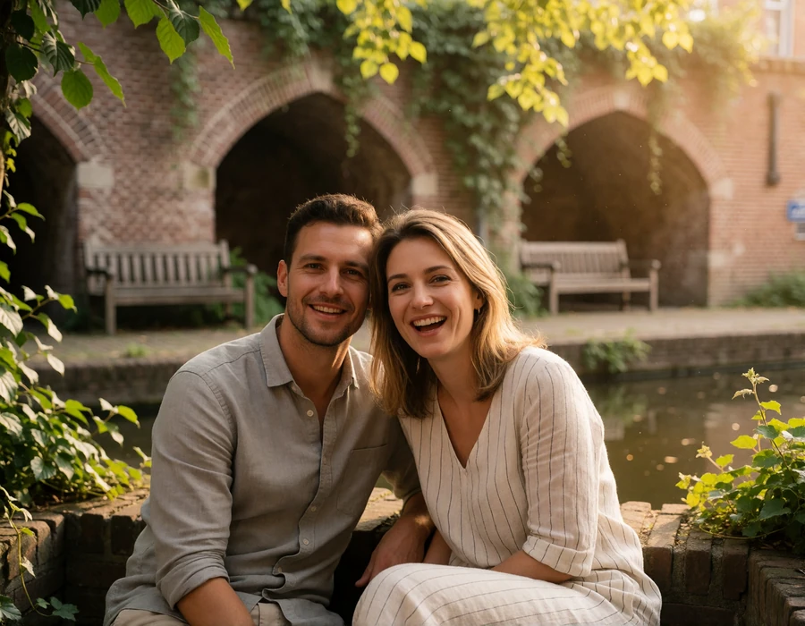 Relaxed couple in their thirties laughing together on a sunken canal-level terrace in a Dutch city