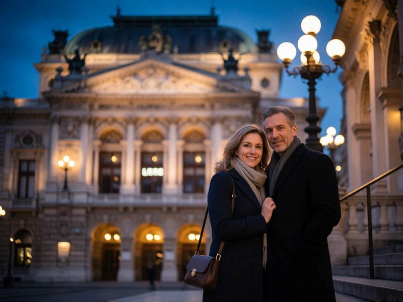 Couple in evening coats standing close together on the illuminated steps of a grand Viennese opera building at blue hour