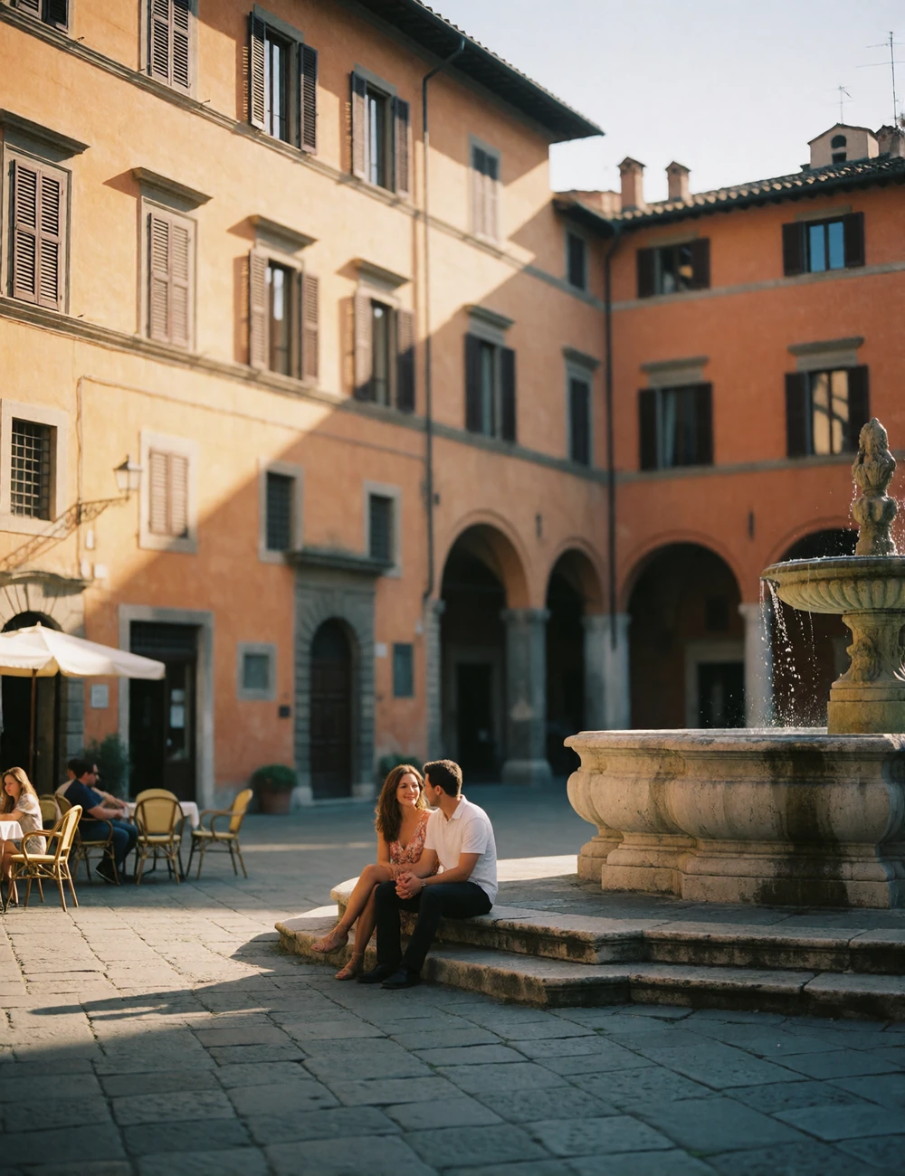 Couple sitting together beside a fountain in a warm Roman piazza