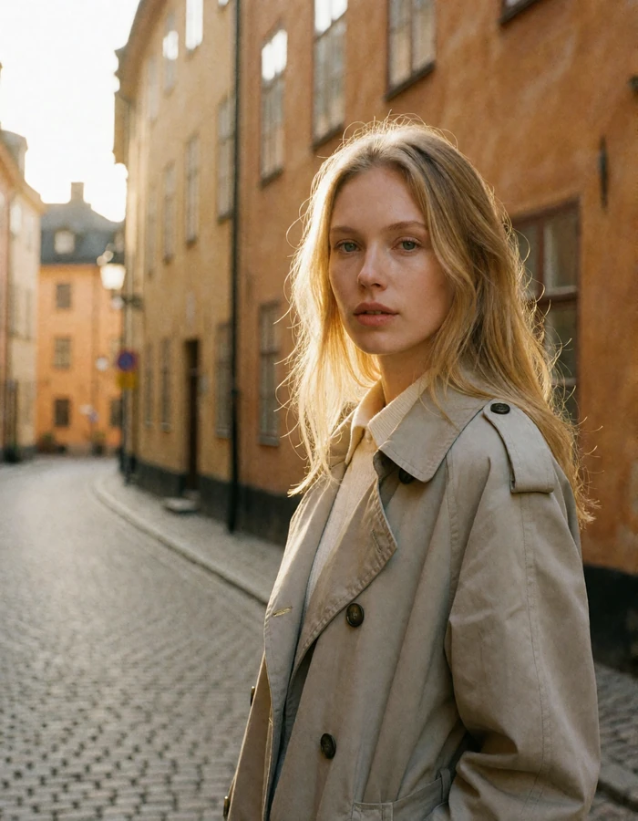 Swedish woman in a pale grey trench coat standing on a quiet Stockholm street with blurred ochre façades behind her