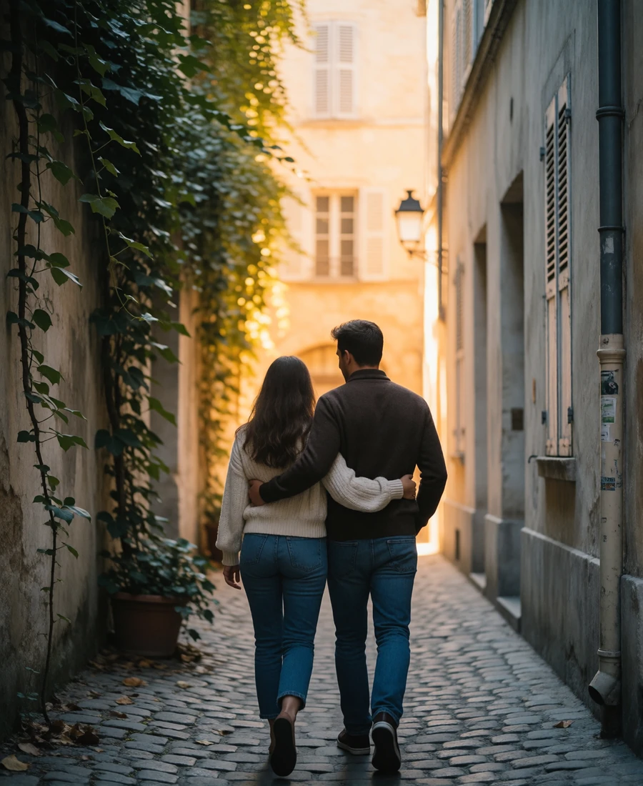 Couple walking arm in arm through a narrow sunlit European alley