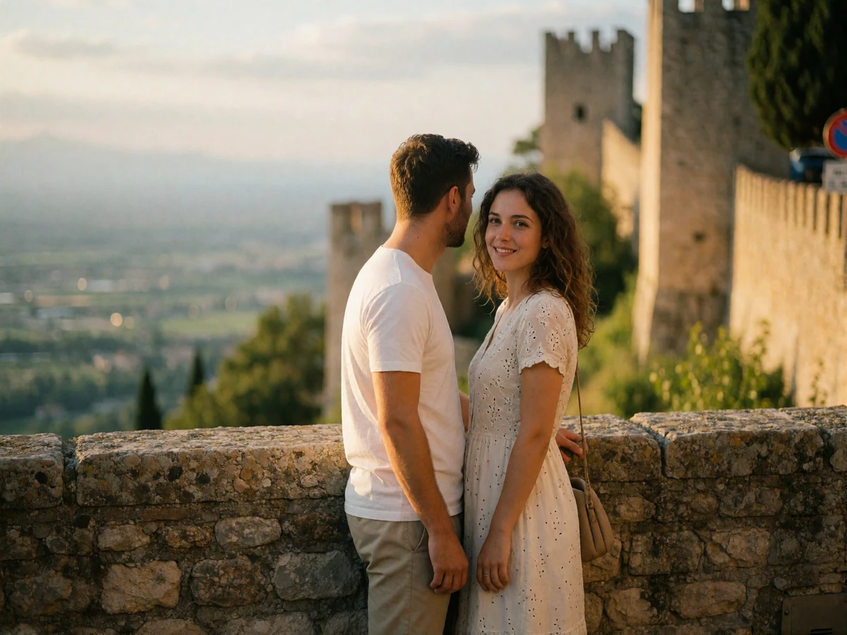 Couple in their thirties smiling together on an old stone terrace overlooking the green valley below San Marino
