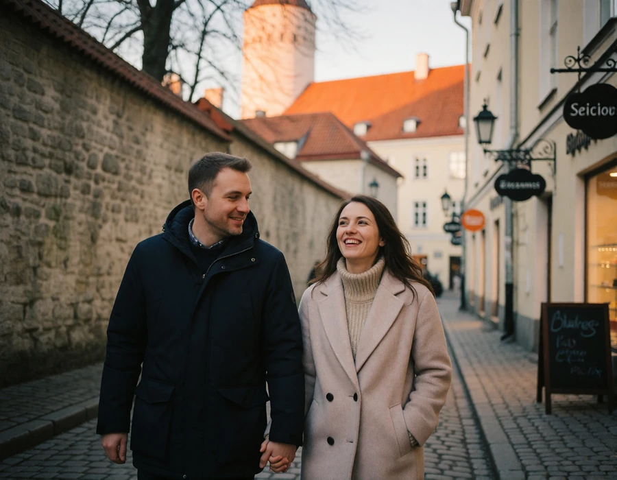 Couple in their forties walking hand in hand along a cobbled lane in Tallinn old town near a weathered limestone tower