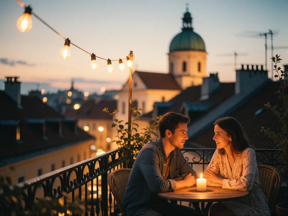 Couple sharing a candlelit dinner on a rooftop terrace above a European city at blue hour