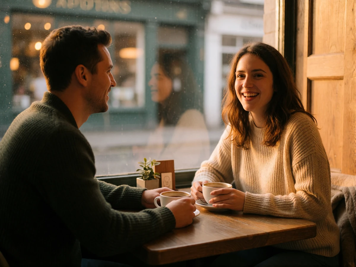 Couple in their thirties laughing over tea cups at a window table in a cosy Dublin cafe
