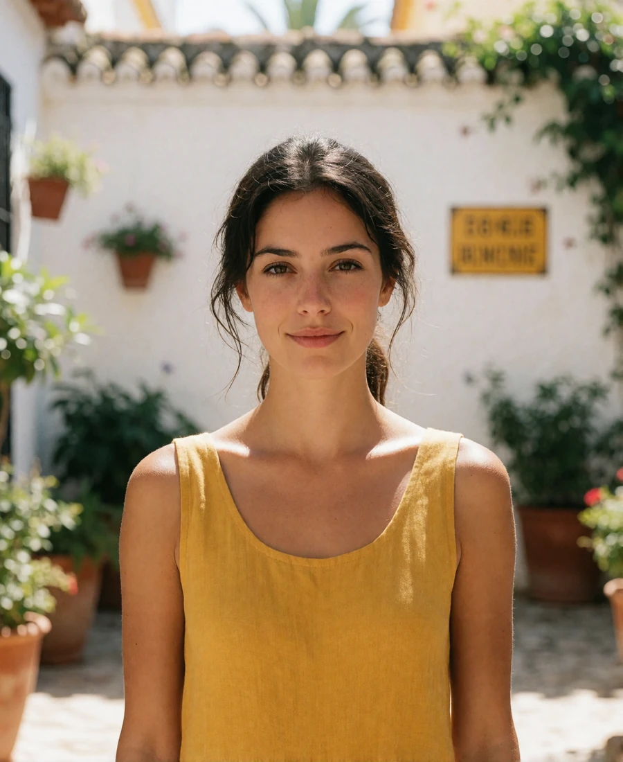 Verified Spanish member in a mustard linen top standing in a sunlit Andalusian courtyard with whitewashed walls