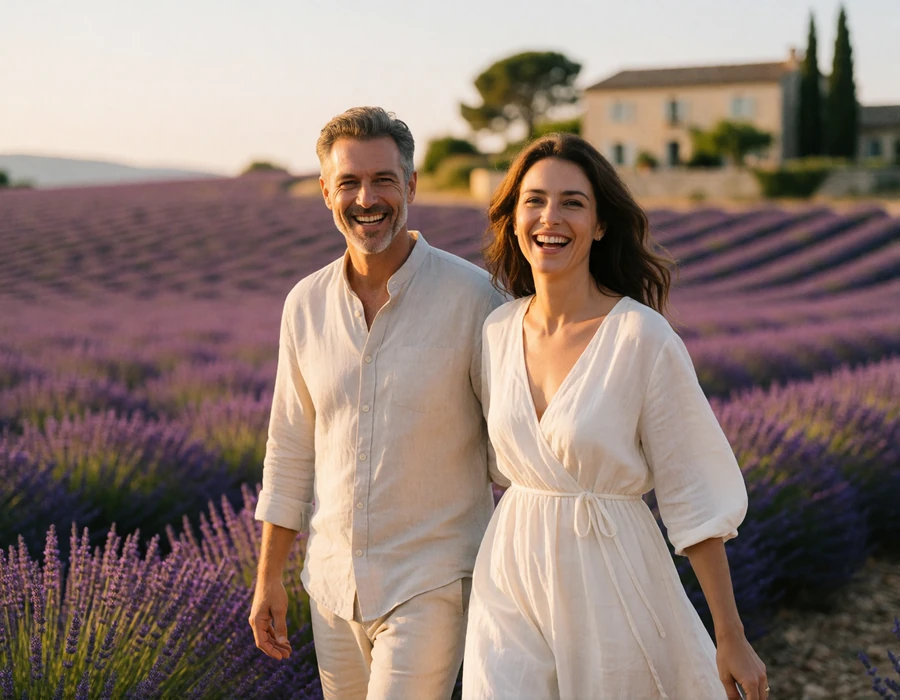 Laughing couple in their forties walking along the edge of a Provencal lavender field under late-afternoon sun
