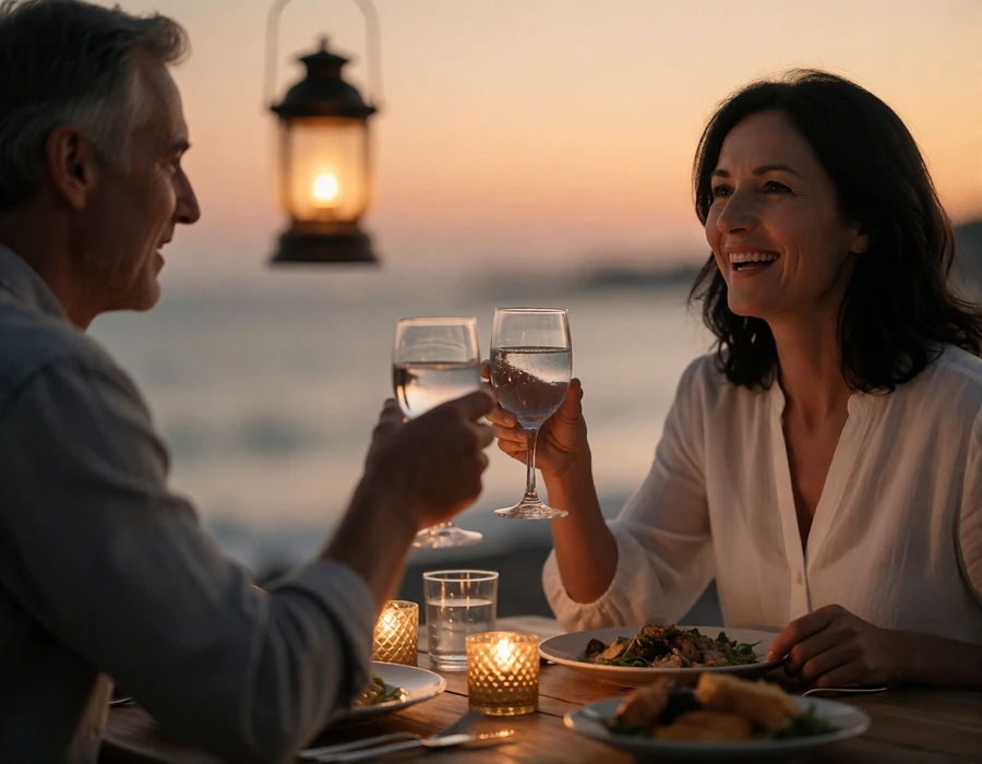 Couple in their forties sharing a seaside dinner table at sunset with a hanging lantern glowing warmly between them