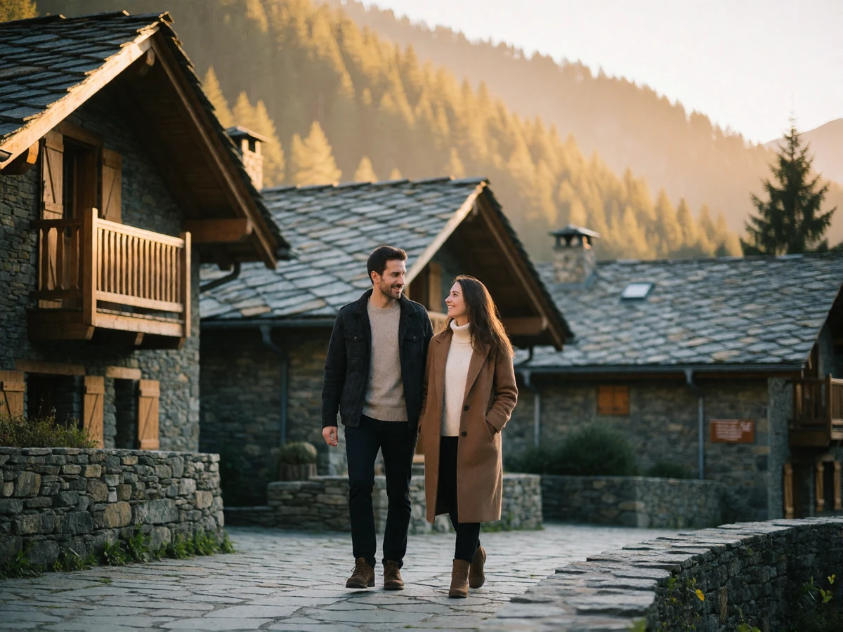 Couple walking along a stone lane in an Andorran mountain village, slate-roofed houses and forested slopes behind them at golden hour
